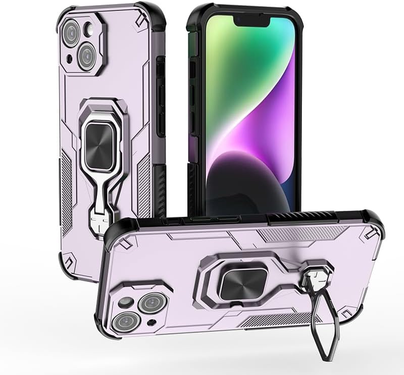 Magnetic bracket mobile phone case for iPhone 14, military-grade four-corner airbag shockproof protection mobile phone case, 360° metal bracket compatible with finger ring buckle Black