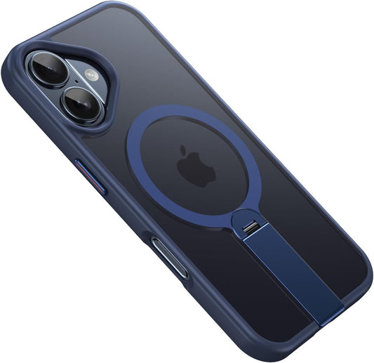 Magnetic phone case for iPhone 16, supports wireless charging, 360° rotating invisible bracket, military-grade anti-drop protection Blue