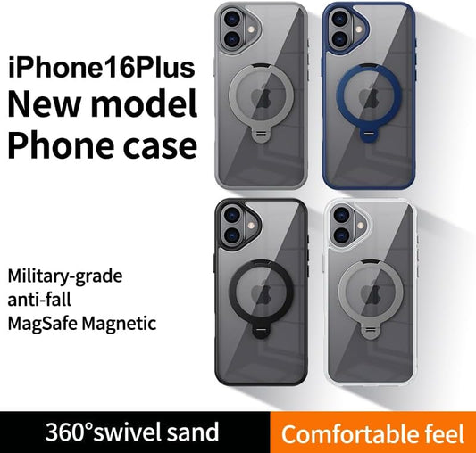 Magnetic phone case for iPhone 16 Plus, supports wireless charging, 360° rotating bracket, military-grade drop protection Gray