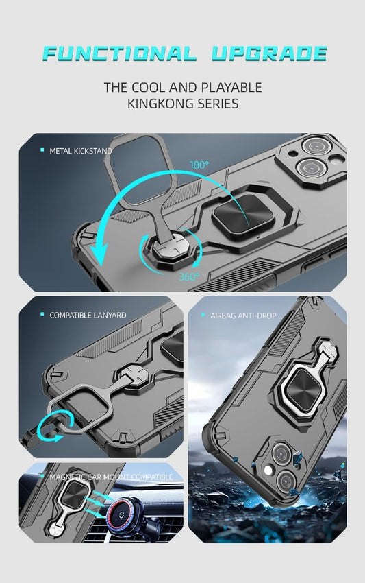 Magnetic bracket mobile phone case for iPhone 13, military-grade four-corner airbag shockproof protection mobile phone case, 360° metal bracket compatible with finger ring buckle Blue