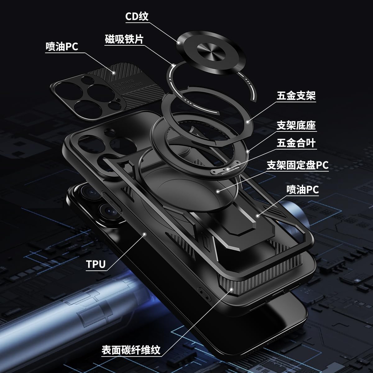 Hard Plated PC Armor Cover for iPhone 15 Pro max with 360° Rotating Metal Ring Strong Magnetic Car Mount Phone Case Support wireless charging Gray