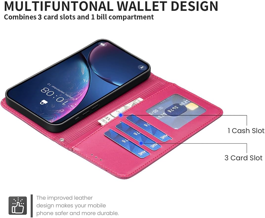 Wallet Leather Case for iPhone 16E, Embossed Four Leaf Clover Design, Magnetic Snap Wallet Case, Flip Shockproof Case Pink