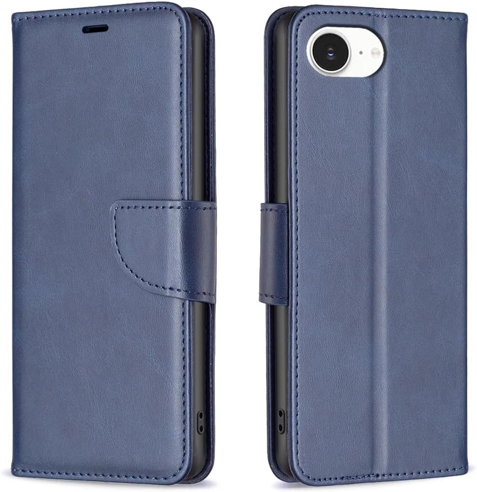 Solid lambskin leather phone case for iPhone 16E, snap wallet style case, flip stand shock protection Yellow