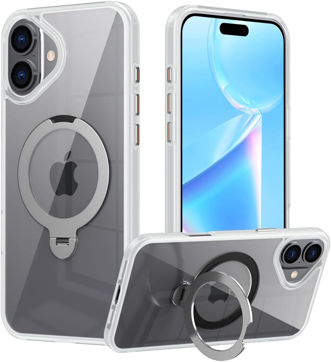 Magnetic phone case for iPhone 16 Plus, supports wireless charging, 360° rotating bracket, military-grade drop protection Gray