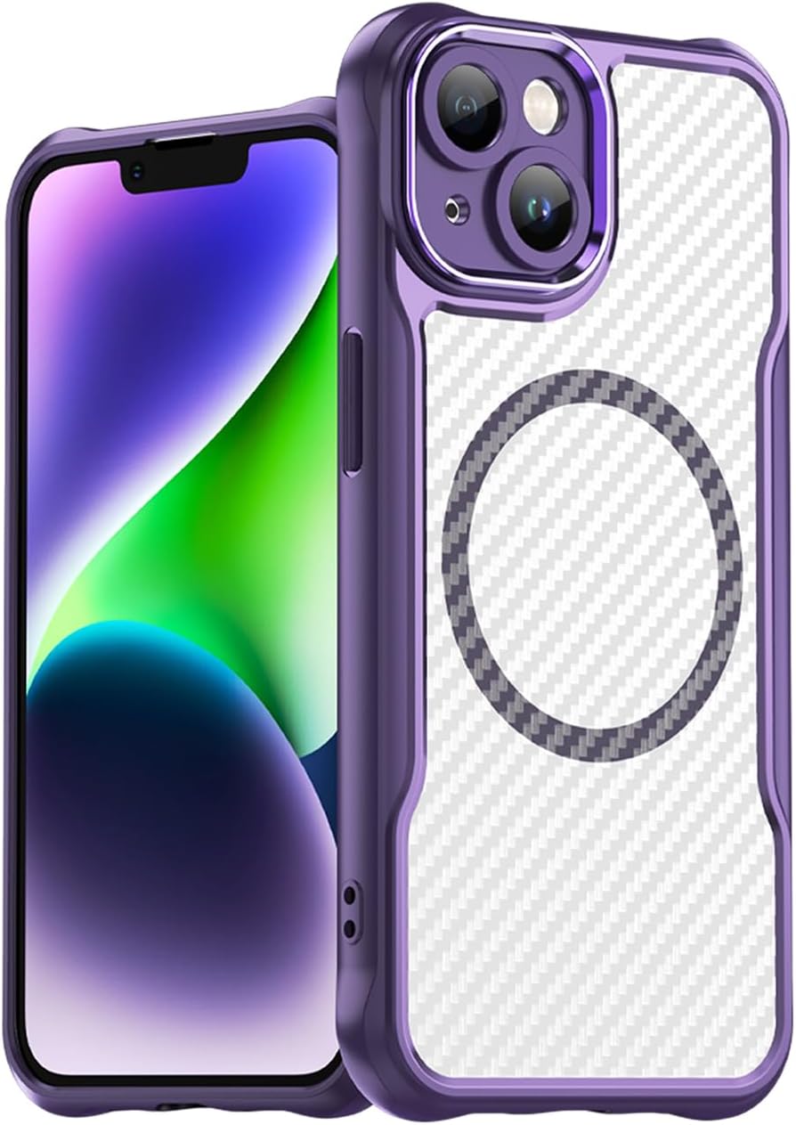 Magnetic carbon fibre case for iPhone 14, support wireless charging, carbon fibre shockproof slim case Black