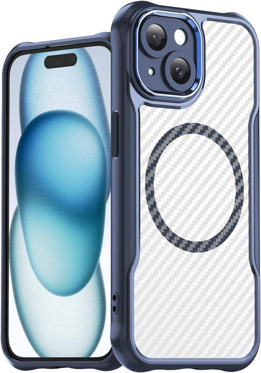Magnetic carbon fibre case for iPhone 15, support wireless charging, carbon fibre shockproof slim case Blue