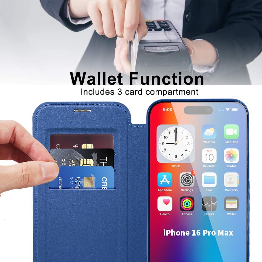 Wallet phone case suitable for iPhone 16 Pro max with [Credit Card Holder][RFID Blocking], compatible with magnetic wireless charging Pink