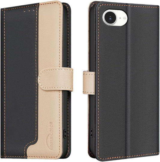 Colorblock Wallet Phone Case for iPhone 16E, Wallet Phone Case (RFID Anti-theft Swipe) Flip Stand, Credit Card Slot Wallet Black