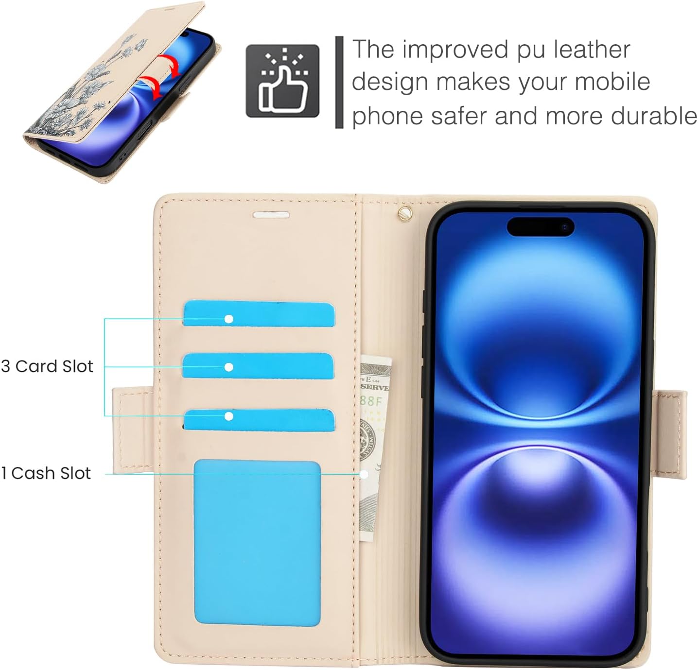 Printed Wallet Phone Case for iPhone 16 Plus, RFID (Anti-Theft), Wallet Flip Stand with Wrist Strap for iPhone 16 Plus Rose Gold