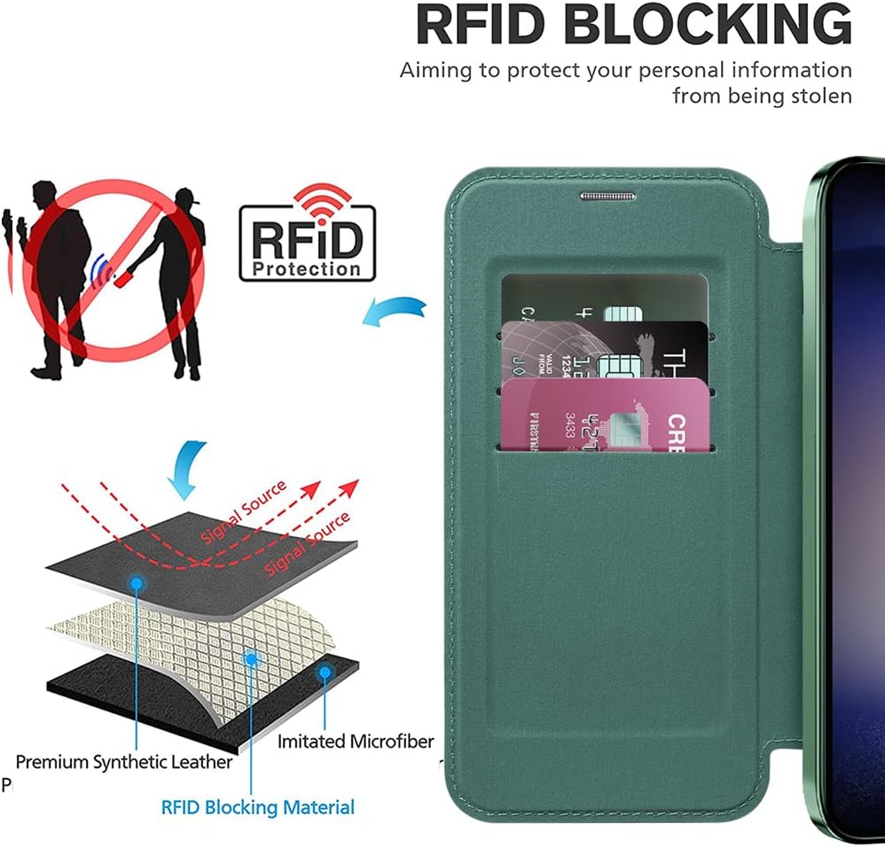 iTape Wallet phone case suitable for Samsung Galaxy S23 with [Credit Card Holder][RFID Blocking], compatible with magnetic wireless charging Green