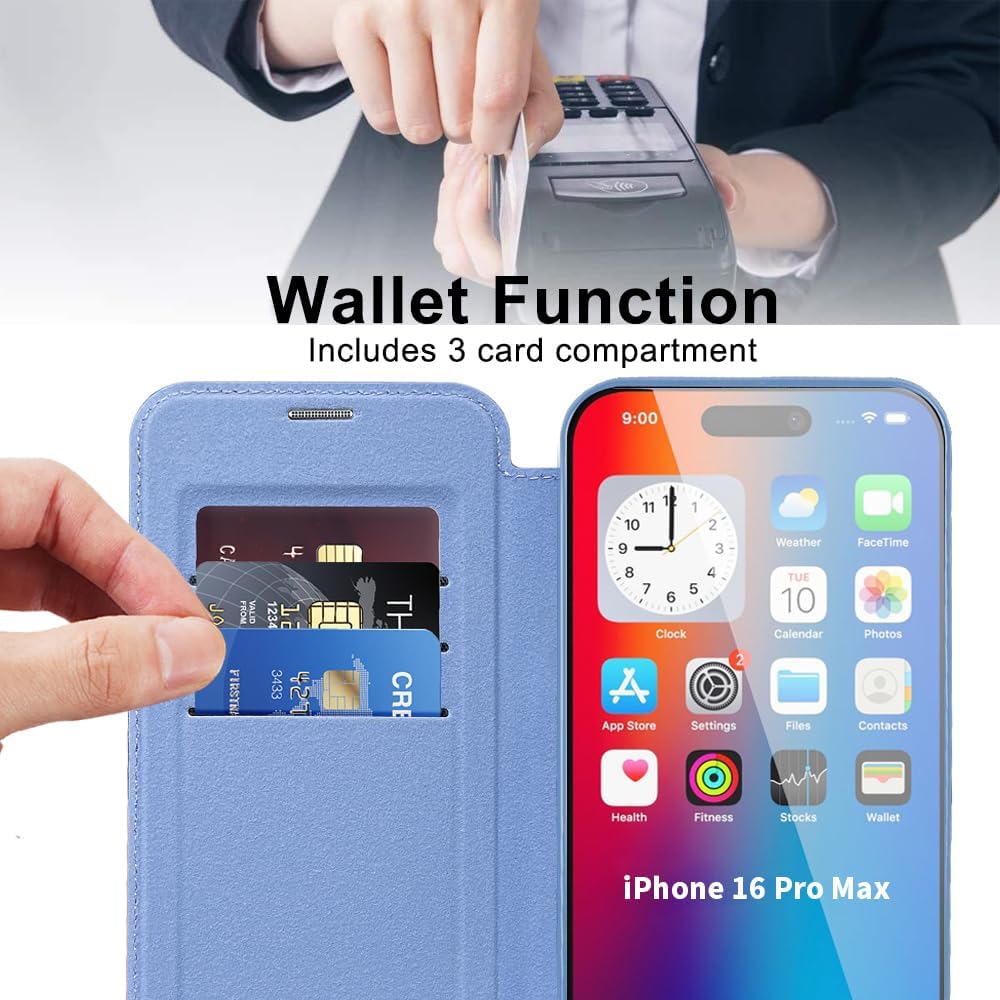 Wallet phone case suitable for iPhone 16 Pro max with [Credit Card Holder][RFID Blocking], compatible with magnetic wireless charging Pink