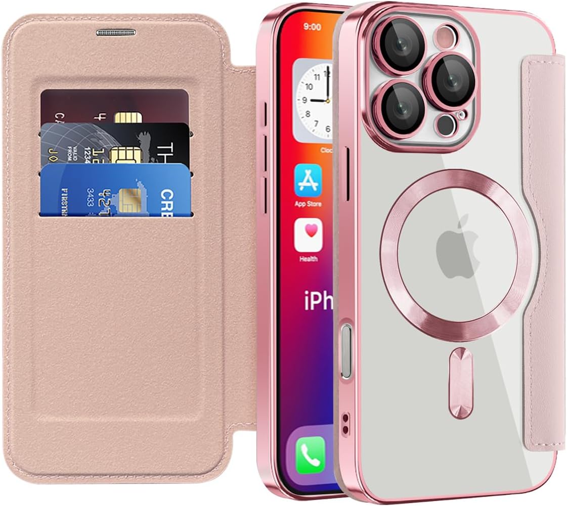 Wallet phone case suitable for iPhone 16 Pro max with [Credit Card Holder][RFID Blocking], compatible with magnetic wireless charging Pink