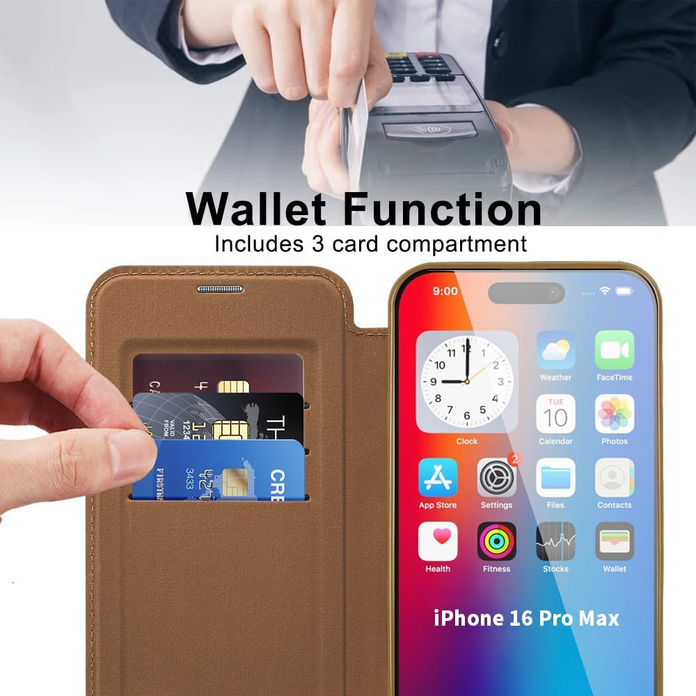 Wallet phone case suitable for iPhone 16 Pro max with [Credit Card Holder][RFID Blocking], compatible with magnetic wireless charging Pink