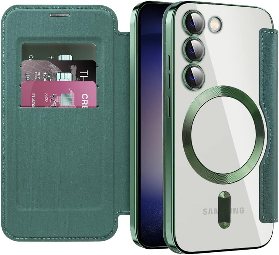iTape Wallet phone case suitable for Samsung Galaxy S23 with [Credit Card Holder][RFID Blocking], compatible with magnetic wireless charging Green