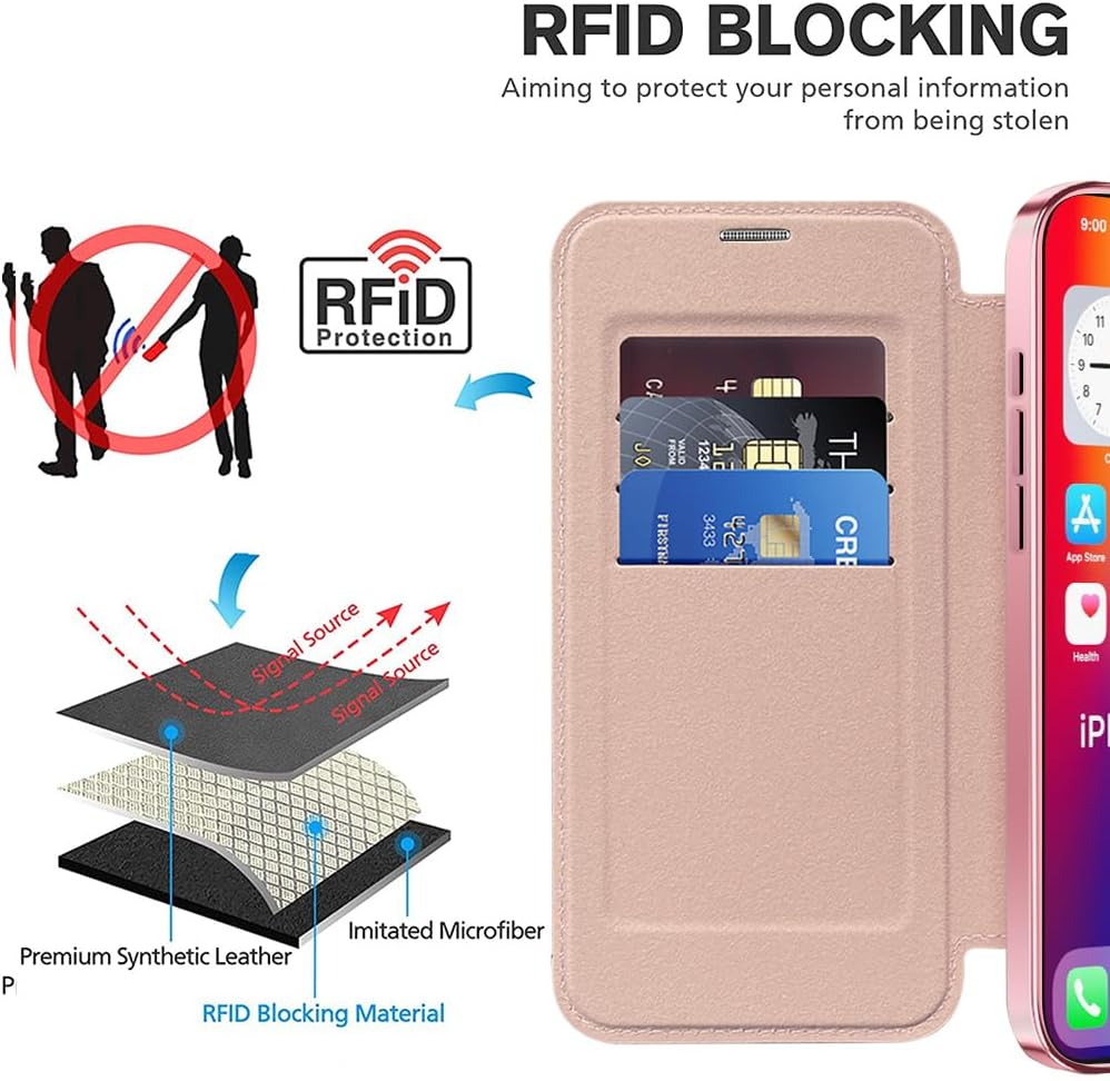 Wallet phone case suitable for iPhone 16 Pro max with [Credit Card Holder][RFID Blocking], compatible with magnetic wireless charging Pink
