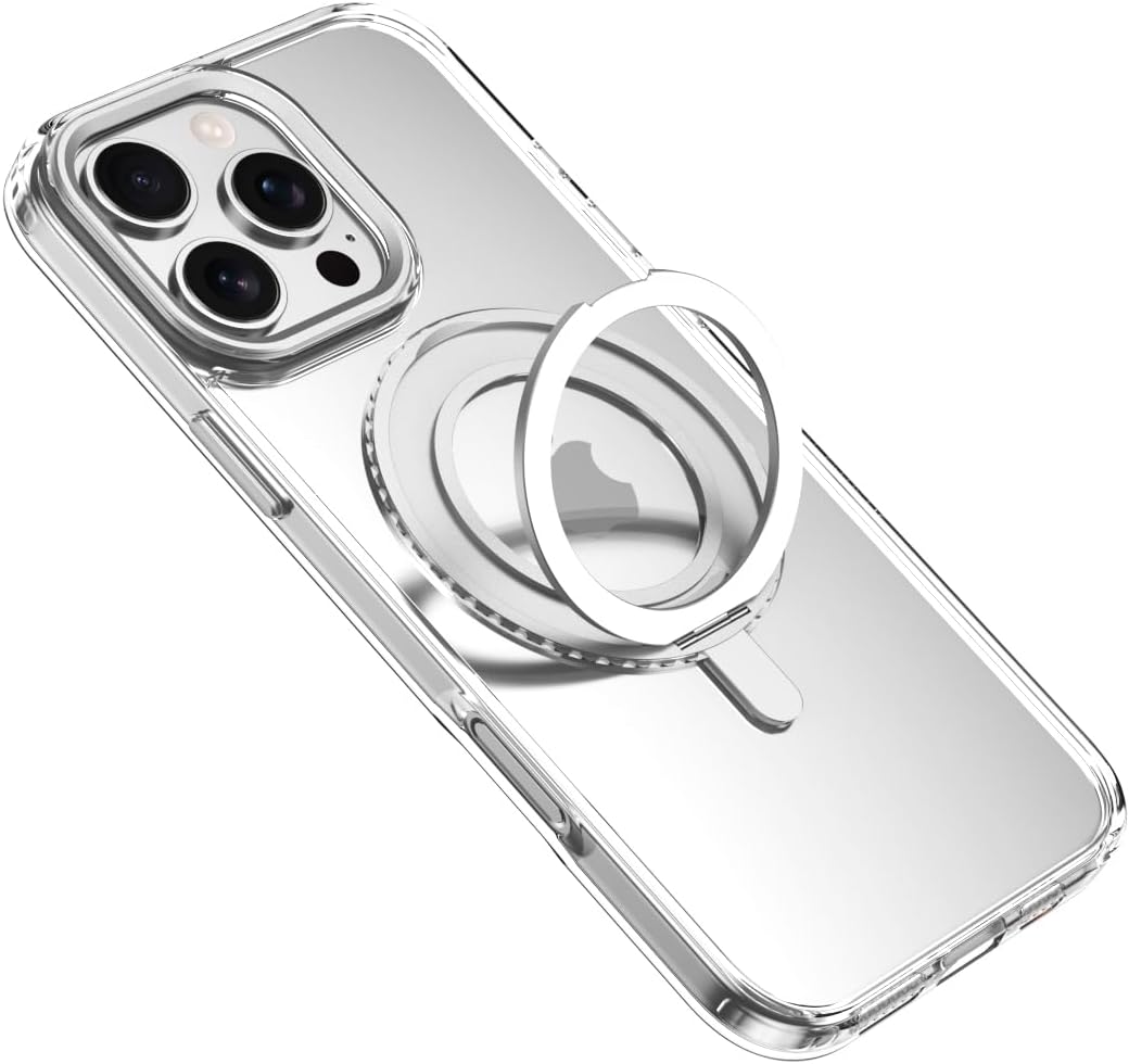 Magnetic transparent mobile phone case for iPhone 16 Pro max, supports wireless charging, damping 360° magnetic bracket two-in-one, military-grade drop protection, car-mounted magnetic suction