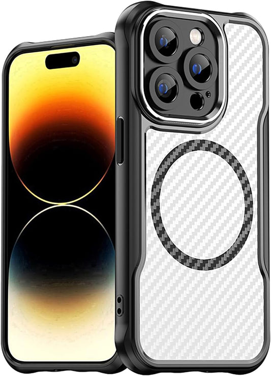Magnetic carbon fibre case for iPhone 14 Pro, support wireless charging, carbon fibre shockproof slim case Black