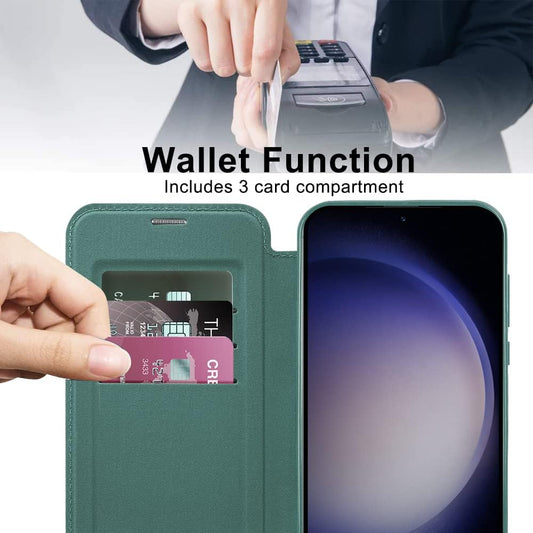 iTape Wallet phone case suitable for Samsung Galaxy S23 with [Credit Card Holder][RFID Blocking], compatible with magnetic wireless charging Green