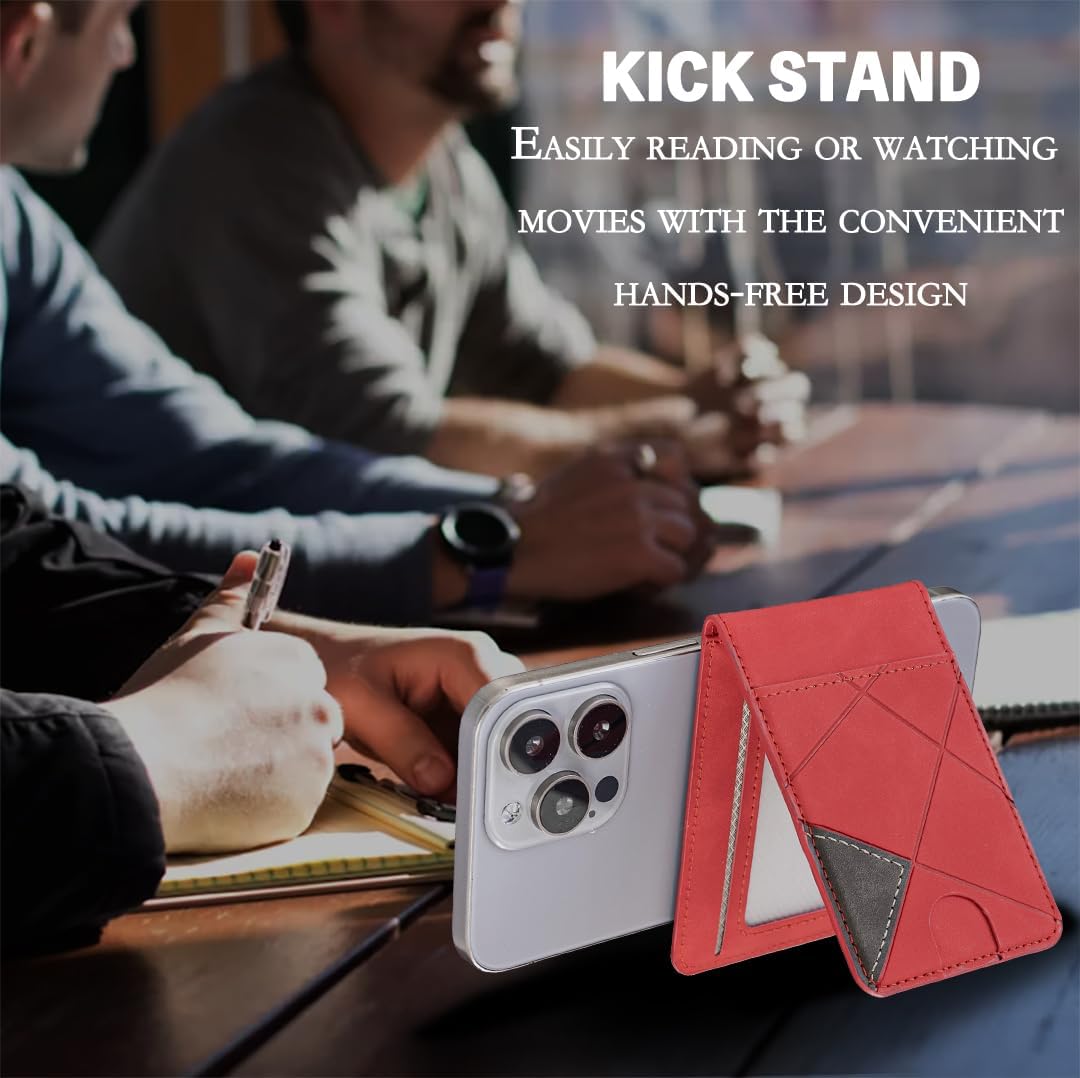 iTape Leather Magnetic Phone Wallet Compatible with Various Phone Models Android and iOS, Magnetic card holder with vertical prism Ultra-thin Trifold Wallet Card Holder Flip Stand Red