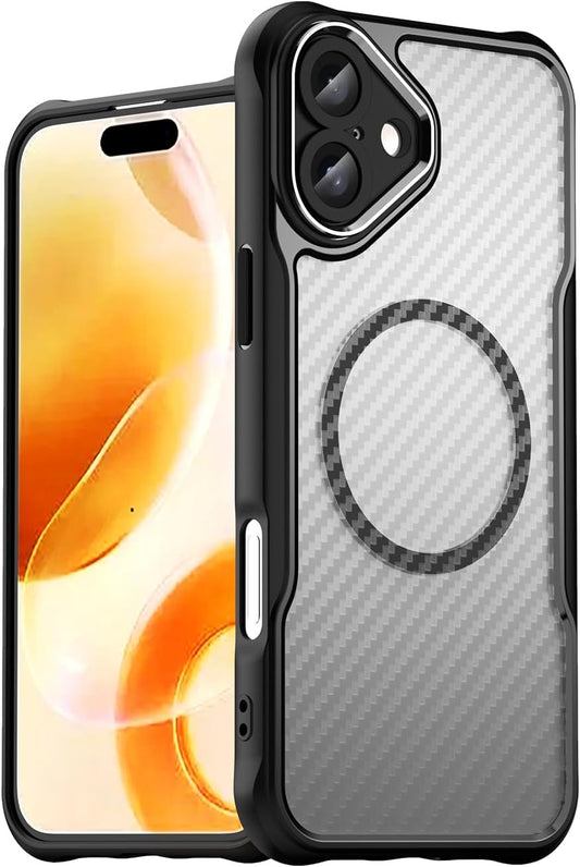Magnetic carbon fibre case for iPhone 16 Plus, support wireless charging, carbon fibre shockproof slim case Black