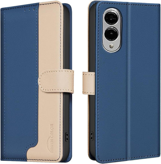 iTape Colorblock Wallet Phone Case for Samsung Galaxy S25 Edge, Wallet Phone Case (RFID Anti-theft Swipe) Flip Stand, Credit Card Slot Wallet Blue