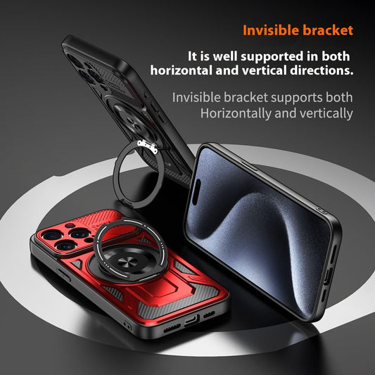 Hard Plated PC Armor Cover for iPhone 15 Pro max with 360° Rotating Metal Ring Strong Magnetic Car Mount Phone Case Support wireless charging Gray