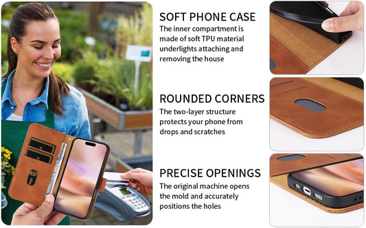iTape Mobile phone case compatible with Samsung Galaxy A25 5G. Soft touch flip holder credit card slot wallet phone case, shockproof and drop-proof Brown