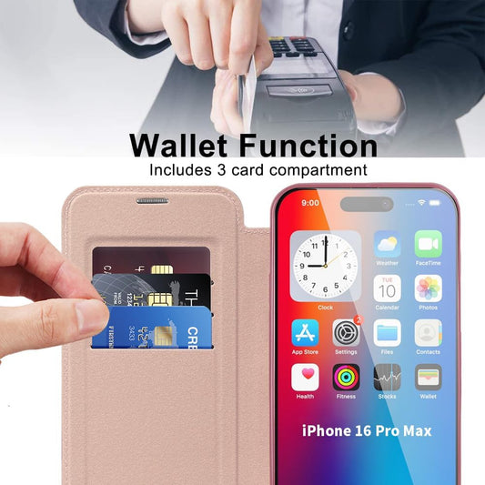Wallet phone case suitable for iPhone 16 Pro max with [Credit Card Holder][RFID Blocking], compatible with magnetic wireless charging Pink