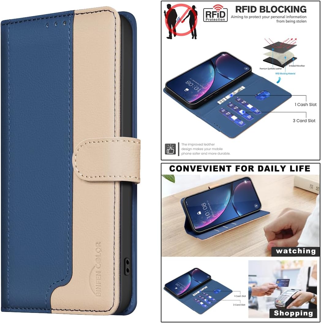 iTape Colorblock Wallet Phone Case for Samsung Galaxy S25 Edge, Wallet Phone Case (RFID Anti-theft Swipe) Flip Stand, Credit Card Slot Wallet Blue