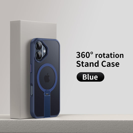 Magnetic phone case for iPhone 16, supports wireless charging, 360° rotating invisible bracket, military-grade anti-drop protection Blue