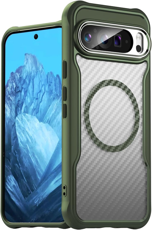 iTape Magnetic carbon fibre case for Google Pixel 9 Pro XL 5G, support wireless charging, carbon fibre shockproof slim case Green