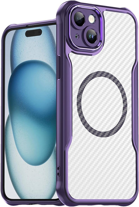 Magnetic carbon fibre case for iPhone 14 Plus, support wireless charging, carbon fibre shockproof slim case Purple