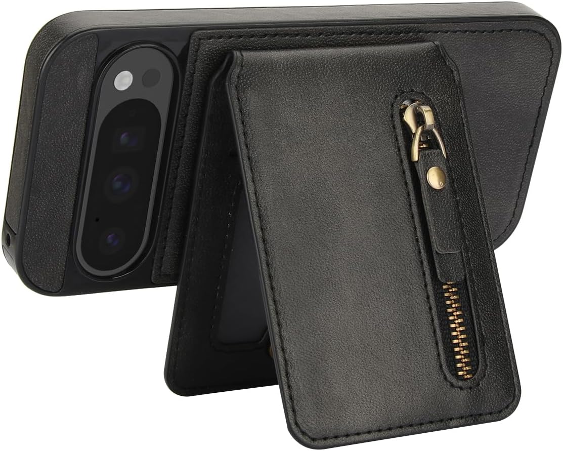 iTape Magnetic card holder phone case suitable for Google Pixel 9 Pro, zipper magnetic split magnetic wallet with adjustable bracket