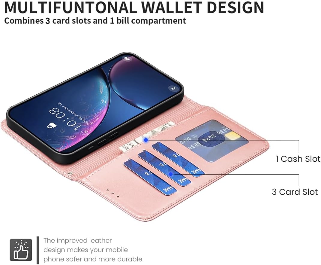 Wallet Leather Case for iPhone 16E, Embossed Four Leaf Clover Design, Magnetic Snap Wallet Case, Flip Shockproof Case Pink