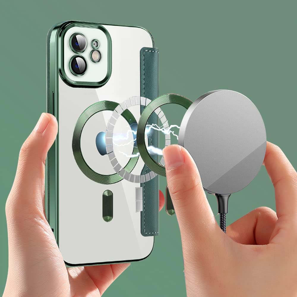 Wallet phone case suitable for iPhone 11 with [Credit Card Holder][RFID Blocking], compatible with magnetic wireless charging Green