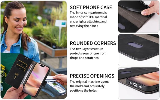 iTape Mobile phone case compatible with Samsung Galaxy S25 Edge. Soft touch flip holder credit card slot wallet phone case, shockproof and drop-proof Black