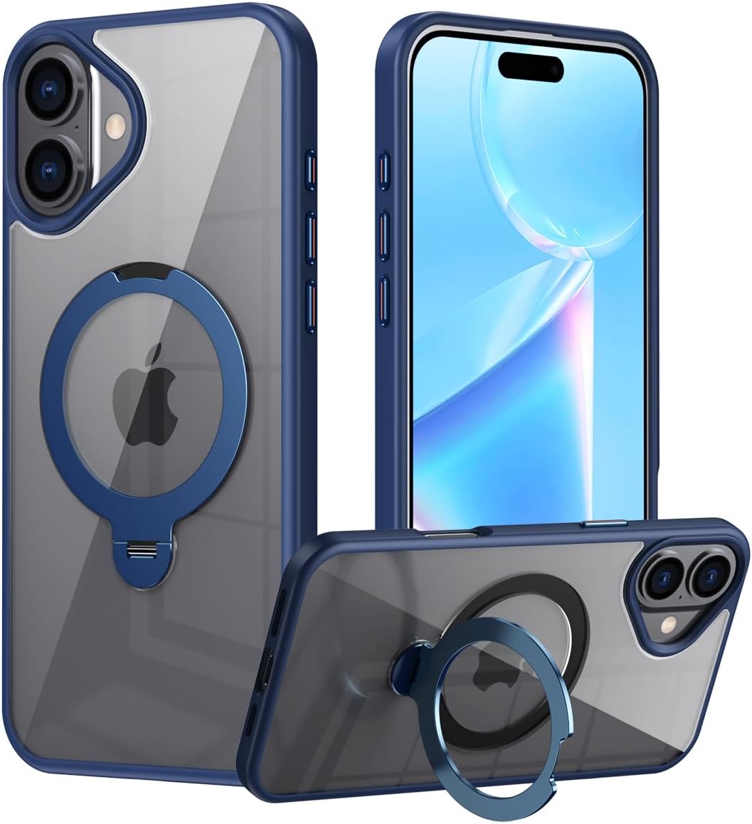 Magnetic phone case for iPhone 16 Plus, supports wireless charging, 360° rotating bracket, military-grade drop protection Gray
