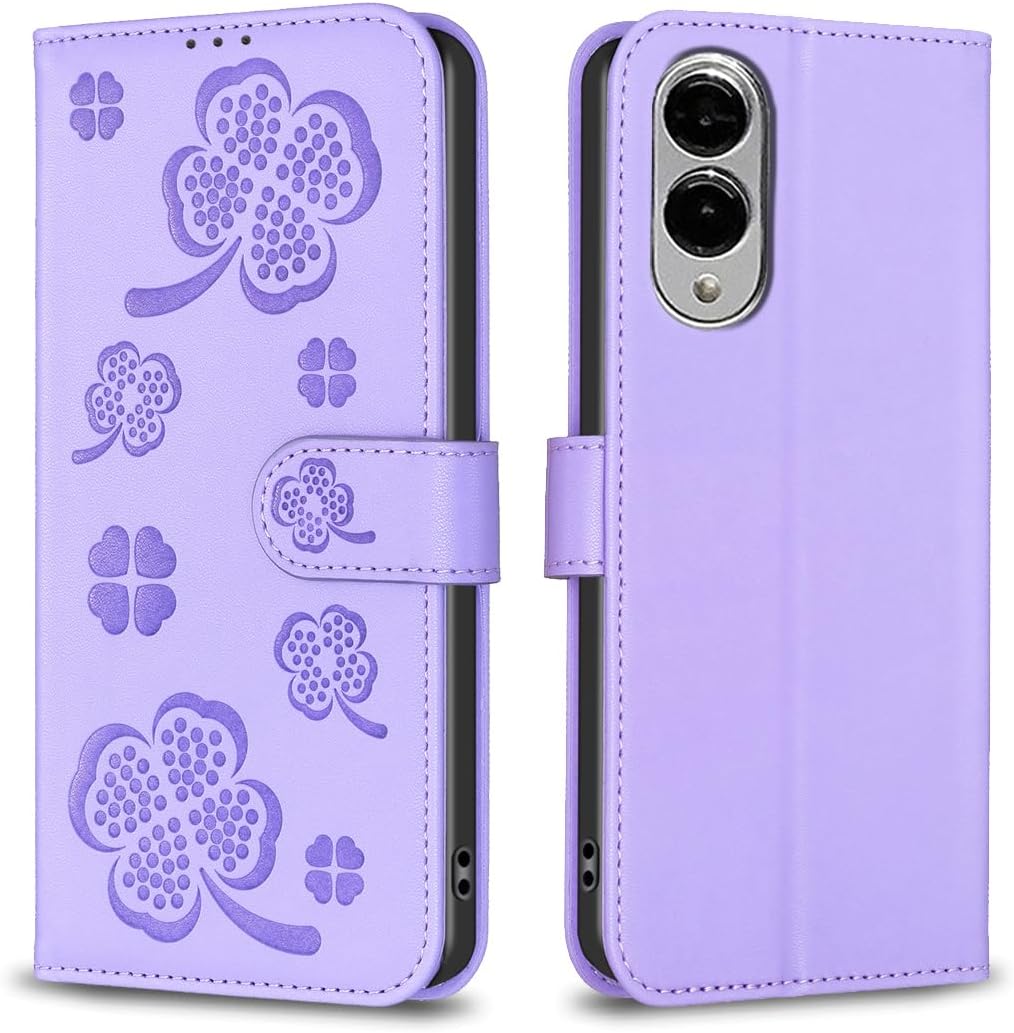 iTape Wallet Leather Case for Samsung Galaxy S25 Edge, Embossed Four Leaf Clover Design, Magnetic Snap Wallet Case, Flip Shockproof Case Red