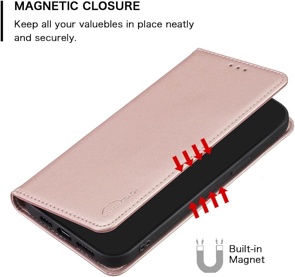 Leather Phone Case for iPhone 16E, Magnetic Leather Wallet Case, Flip Stand Shockproof Protection Gold