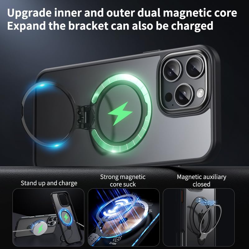 Silicone phone case for iPhone 16 Pro max, translucent phone case military shockproof protection ultra-thin case, magnetic car mount, supports wireless charging Black