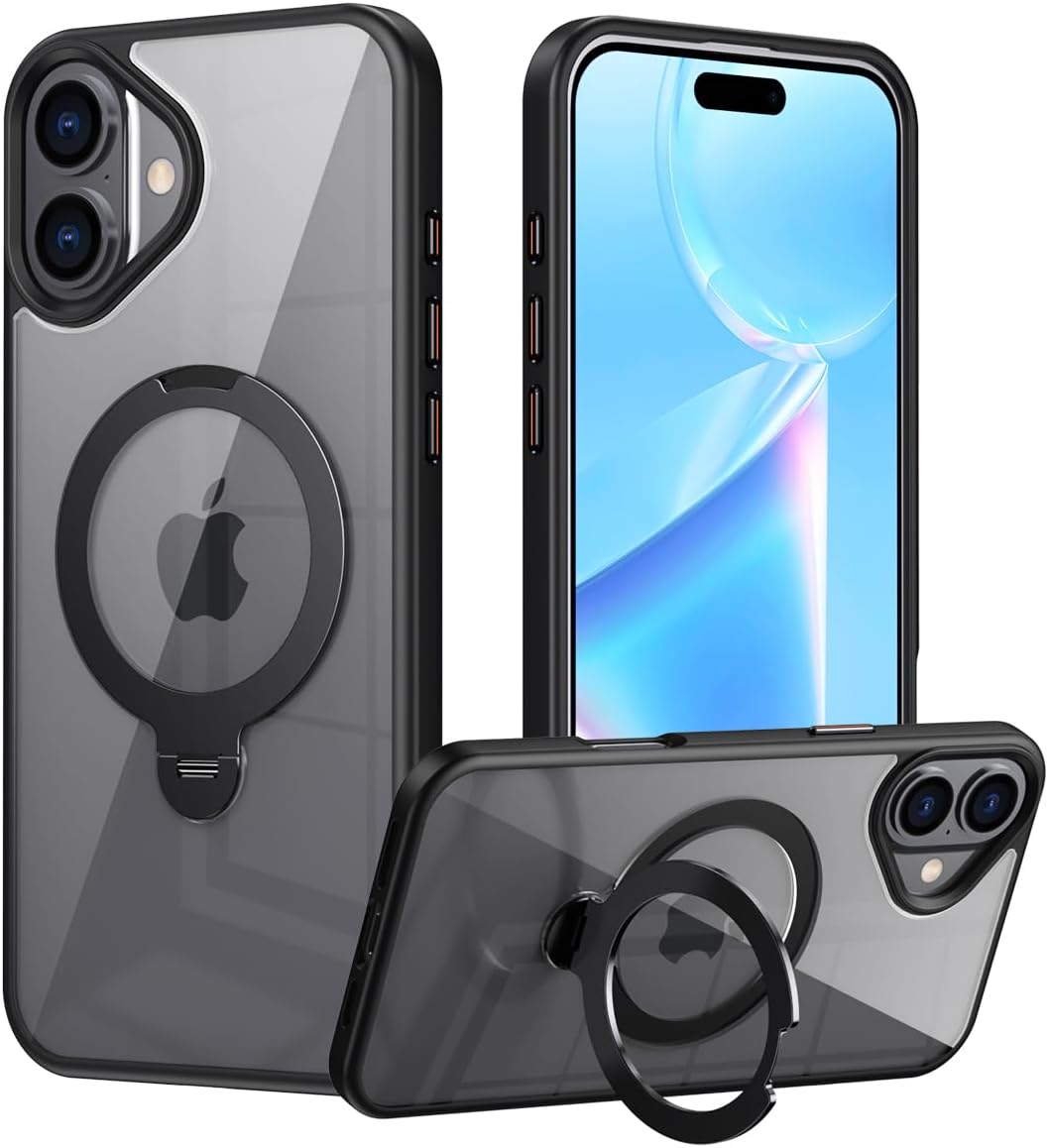 Magnetic phone case for iPhone 16 Plus, supports wireless charging, 360° rotating bracket, military-grade drop protection Gray