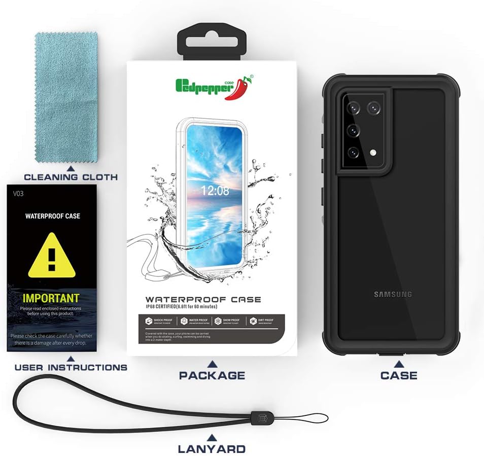 Waterproof Phone Case for Samsung Galaxy S21 ultra, Full Coverage Shell, Built-in Screen Protection 360° Full Body Heavy Duty Shockproof IP68 Underwater Phone Case for Galaxy S21 ultra, Lanyard