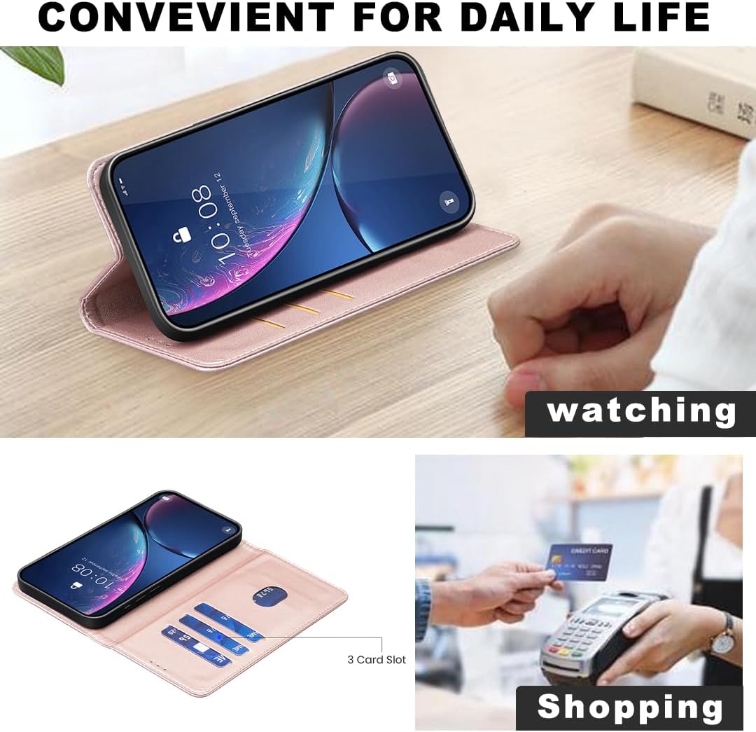 Leather Phone Case for iPhone 16E, Magnetic Leather Wallet Case, Flip Stand Shockproof Protection Gold