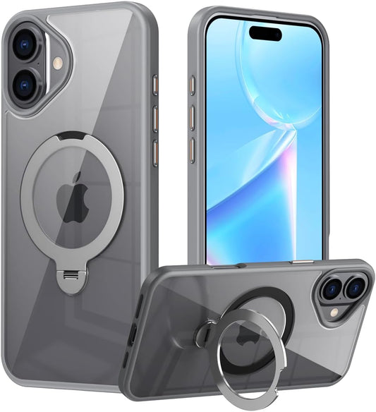Magnetic phone case for iPhone 16 Plus, supports wireless charging, 360° rotating bracket, military-grade drop protection Gray
