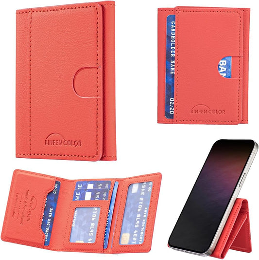 iTape Leather Magnetic Phone Wallet Compatible with Various Phone Models Android and iOS, Solid Color Magnetic Card Holder Ultra-thin Trifold Wallet Card Holder Flip Stand Red