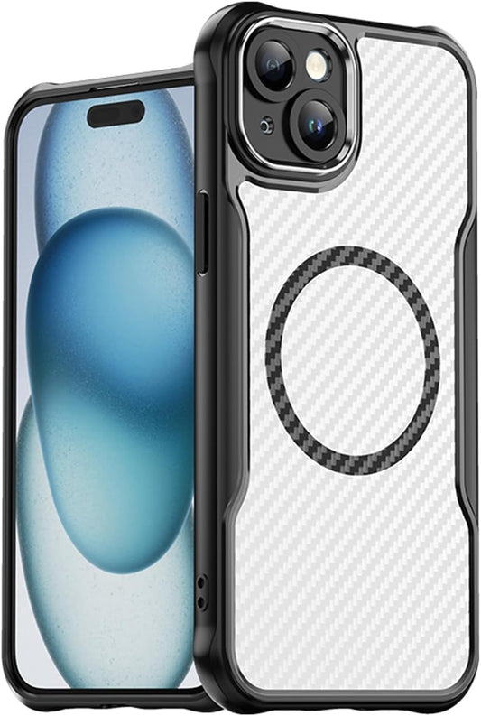 Magnetic carbon fibre case for iPhone 15 Plus, support wireless charging, carbon fibre shockproof slim case Black