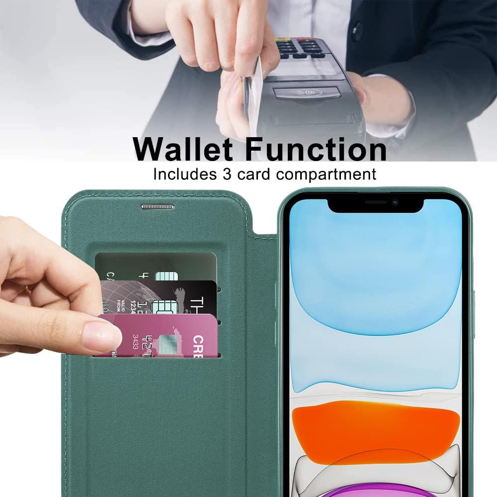 Wallet phone case suitable for iPhone 11 with [Credit Card Holder][RFID Blocking], compatible with magnetic wireless charging Green