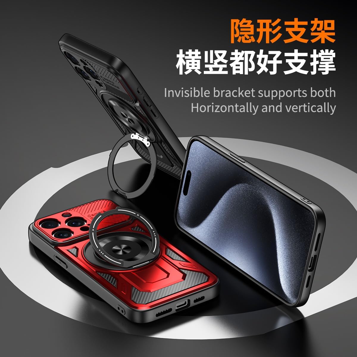Hard Plated PC Armor Cover for iPhone 15 Pro max with 360° Rotating Metal Ring Strong Magnetic Car Mount Phone Case Support wireless charging Gray