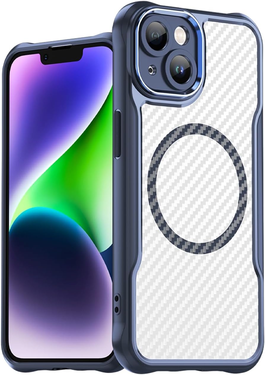 Magnetic carbon fibre case for iPhone 14, support wireless charging, carbon fibre shockproof slim case Black