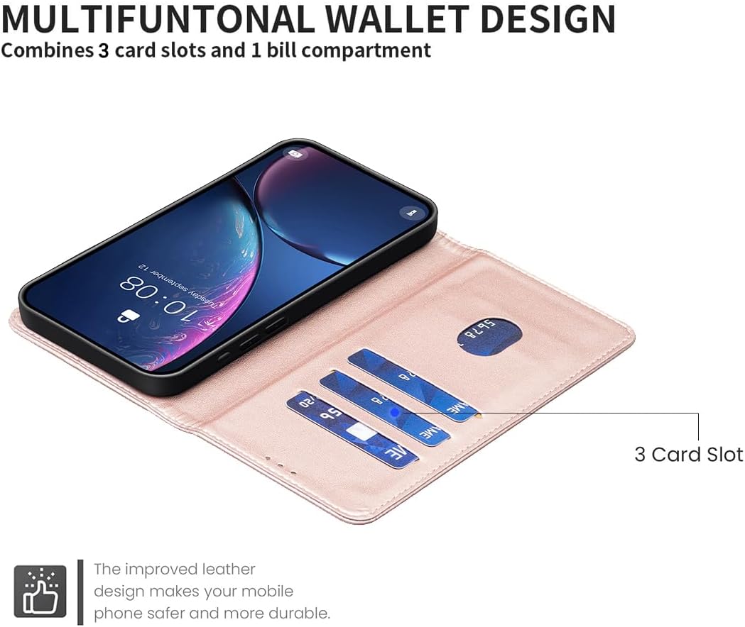 Leather Phone Case for iPhone 16E, Magnetic Leather Wallet Case, Flip Stand Shockproof Protection Gold